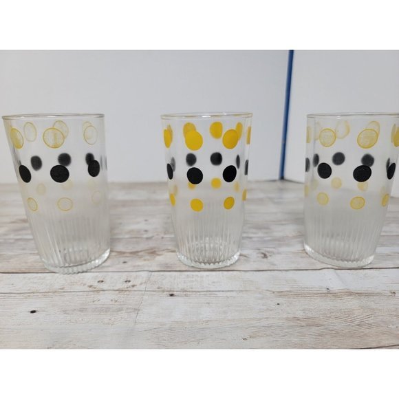 1950s Hazel Atlas Polka Dot Tallboy Glasses Anchor Hocking Polka Dots Yellow Blk - Picture 4 of 8